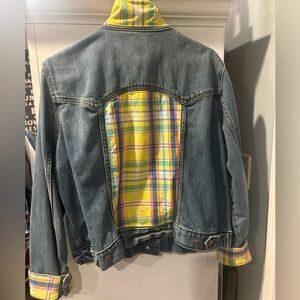 Custom Denim Jacket with Pastel Plaid Accents and patch back sz XL